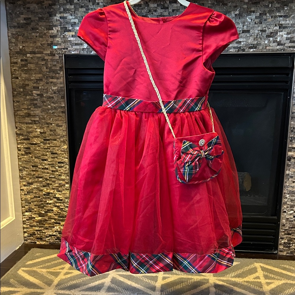 Elegant Red Kids Formal Dress with Plaid Accents